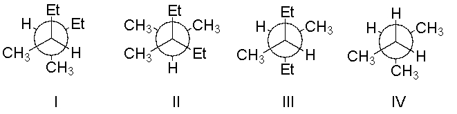 Which of the following is a Newman projection for the following compound as viewed down the indicated bond in the conformation shown?     A)  I B)  II C)  III D)  IV