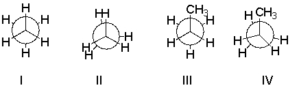 Which of the following is a Newman projection of a staggered conformation for ethane?   A)  I B)  II C)  III D)  IV
