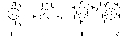 Which of the following is a CH<sub>3</sub>-CH<sub>3</sub> eclipsed conformation for butane?   A)  I B)  II C)  III D)  IV