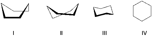 Which of the following is a chair conformation of cyclohexane?   A)  I B)  II C)  III D)  IV