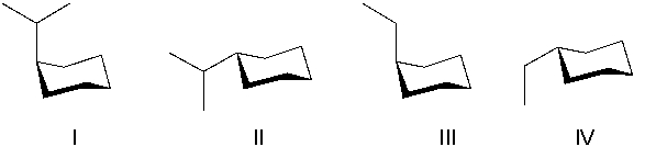 Which is the least stable chair conformer of the following compound?     A)  I B)  II C)  III D)  IV
