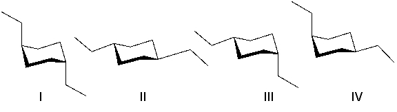 Which of the following is the lowest energy conformer of the most stable isomer of 1,4-diethylcyclohexane?   A)  I B)  II C)  III D)  IV