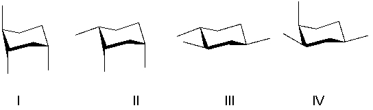 Which of the following is the lowest energy conformer of the most stable isomer of 1,2,4-trimethylcyclohexane?   A)  I B)  II C)  III D)  IV