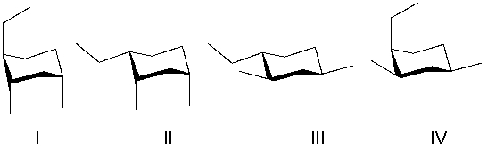 Which of the following is the highest energy chair conformer of the most stable isomer of 1-ethyl-2,4-dimethylcyclohexane?   A)  I B)  II C)  III D)  IV