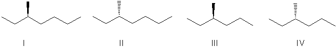 Which of the following is the correct structure for the compound (S) -3-methylheptane.   A)  I B)  II C)  III D)  IV