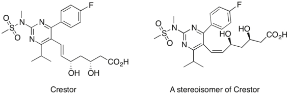 The structure of Crestor (rosuvastatin) , a medication used to reduce cholesterol, is shown below. If the specific rotation for this compound is known to be +100, what would be the specific rotation for the stereoisomer shown at the right?   A)  +100 B)  -100 C)  0 D)  Impossible to predict