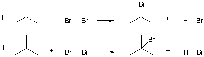 Later in the course, we will compare the halogenation of differently substituted carbons, comparing reactions like the ones below. Which of the following reactions has a more exothermic heat of reaction (∆H<sup>o</sup>) ?   A)  Reaction I has a more exothermic heat of reaction (∆H<sup>o</sup>)  B)  Reaction II has a more exothermic heat of reaction (∆H<sup>o</sup>)  C)  Both reactions have the same heat of reaction (∆H<sup>o</sup>) 