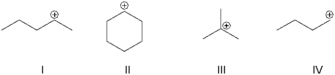 Which of the following is the most stable cation?   A)  I B)  II C)  III D)  IV