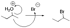 What is wrong with the following mechanism?   A)  There is no leaving group, so there should be no arrows. B)  The arrow should be removing a proton from the H<sub>2</sub>O group. C)  An arrow is also needed to indicate the loss of the leaving group. D)  The arrow indicating the formation of the C-Br bond (nucleophilic attack)  should start at the bromide anion.