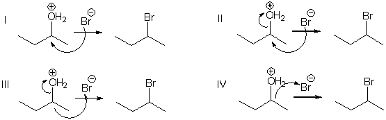 Which of the following mechanistic steps represents a nucleophilic attack?   A)  I B)  II C)  III D)  IV