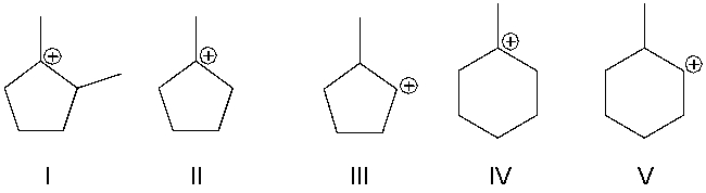 Which of the following is the most likely structure of the following cation after rearrangement?     A)  I B)  II C)  III D)  IV E)  V