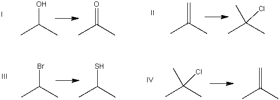 Which of the following is an elimination reaction?   A)  I B)  II C)  III D)  IV