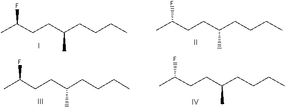 What is the correct structure for (2S,5R) -2-fluoro-5-methylnonane?   A)  I B)  II C)  III D)  IV