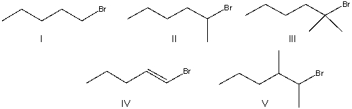 Which of the following alkyl halides will undergo the fastest S<sub>N</sub>2 reaction?   A)  I B)  II C)  III D)  IV E)  V