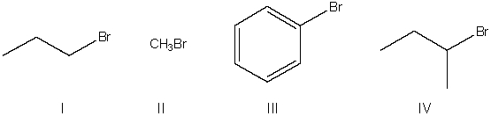 Rank the following compounds from most to least reactive in an S<sub>N</sub>2 reaction.   A)  I > IV > II > III B)  II > I > IV > III C)  III > IV > I > II D)  IV > I > II > III E)  IV > III > I > II