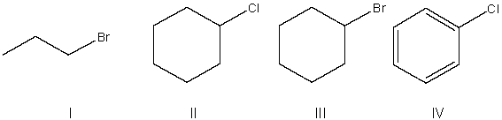 Rank the following compounds from most to least reactive in an S<sub>N</sub>2 reaction.   A)  I > IV > II > III B)  II > I > IV > III C)  III > IV > I > II D)  I > III > II > IV E)  IV > III > I > II