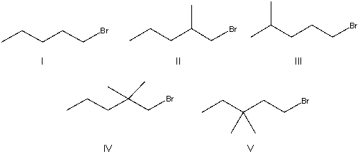 Which of the following alkyl halides will undergo the slowest S<sub>N</sub>2 reaction?   A)  I B)  II C)  III D)  IV E)  V