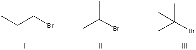 Which of the following is the most reactive in an E2 reaction?   A)  I B)  II C)  III D)  None of the above