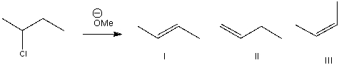Which of the following is the major product of the following elimination?   A)  I B)  II C)  III D)  None of the above
