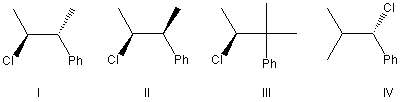 Which of the following alkyl halides would afford the indicated product upon reaction with sodium ethoxide?     A)  I B)  II C)  III D)  IV