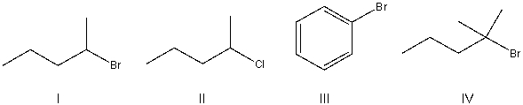 Rank the following compounds from most to least reactive in an S<sub>N</sub>1 reaction.   A)  I > IV > II > III B)  II > I > IV > III C)  III > IV > I > II D)  IV > I > II > III E)  IV > III > I > II