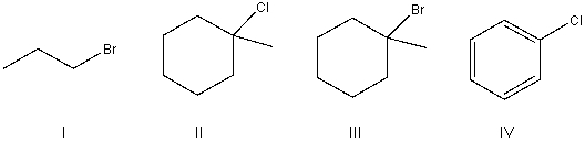 Rank the following compounds from most to least reactive in an S<sub>N</sub>1 reaction.   A)  I > IV > II > III B)  II > III > I > IV C)  III > II > I > IV D)  I > III > II > IV E)  IV > III > I > II