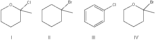 Which of the following compounds will undergo the fastest S<sub>N</sub>1 reaction?   A)  I B)  II C)  III D)  IV E)  Both I & IV