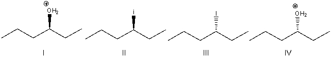 Predict the product(s)  for the following S<sub>N</sub>1 reaction.     A)  Both I & IV B)  II C)  III D)  IV E)  Both II & III