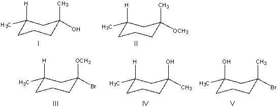Predict the major product for the following S<sub>N</sub>1 reaction.     A)  I B)  II C)  Both II & III D)  Both I & IV E)  V