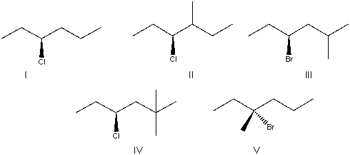 Which of the following compounds will undergo rearrangement in an S<sub>N</sub>1 reaction?   A)  I B)  II C)  III D)  IV E)  V