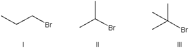 Which of the following is the most reactive in an E1 reaction?   A)  I B)  II C)  III