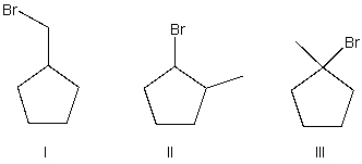 Which of the following is most reactive in an E1 reaction?   A)  I B)  II C)  III