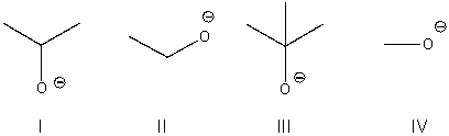 Which of the following is most likely to act as a base rather than a nucleophile?   A)  I B)  II C)  III D)  IV