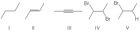Which of the molecules below would be the expected product for the hydrohalogenation of the following alkene with HBr?     A)  I B)  II C)  III D)  IV E)  V