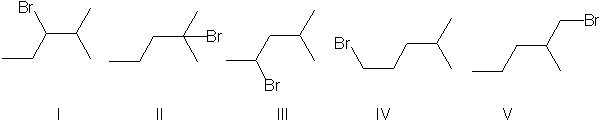 What compound is the expected product upon Markovnikov hydrohalogenation with HBr of the alkene shown below?     A)  I B)  II C)  III D)  IV E)  V