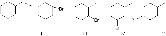 Which of the molecules below arises from the anti-Markovnikov hydrohalogenation with HBr of the alkene shown?     A)  I B)  II C)  III D)  IV E)  V
