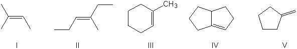 Which of the alkenes shown below would produce a chirality center upon Markovnikov hydrohalogenation?   A)  I B)  II C)  III D)  IV E)  V