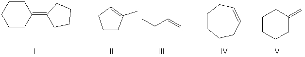 Which of the alkenes below would be expected to produce at least one chirality center upon hydrohalogenation in the presence of peroxide?   A)  I B)  II C)  III D)  IV E)  V