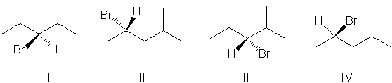 Which of the molecules below are enantiomers formed as products upon reaction of HBr with 4-methylpent-1-ene?   A)  I and II B)  II and III C)  III and IV D)  I and III E)  II and IV