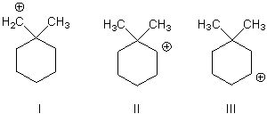 Which of the following carbocations is (are)  likely to undergo rearrangement through a methyl shift?   A)  I B)  II C)  III D)  I and II E)  II and III