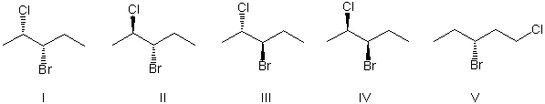 What is the expected major product(s)  of HCl addition to the alkene below?     A)  II B)  II and III C)  I and IV D)  V E)  I and II