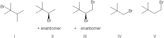 What are the expected major product(s)  of HBr addition to the alkene shown below?     A)  I B)  II C)  III D)  IV E)  V