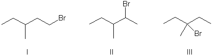 Select the expected major product(s)  of the following reaction.     A)  I B)  II C)  III D)  I and II E)  I and III