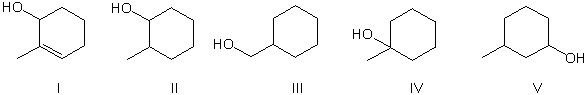 Identify the major product from the treatment of 1-methylcyclohexene with H<sub>3</sub>O<sup>+</sup>.   A)  I and III B)  II C)  III and V D)  IV E)  I, III and V