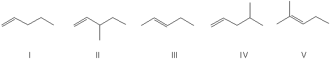 Which alkene would yield 3-methylpentane upon subjection to catalytic hydrogenation?   A)  I B)  II C)  III D)  IV E)  V
