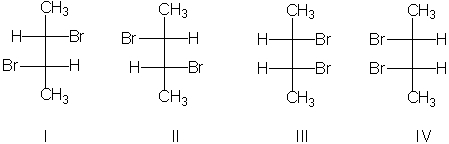Which of the statements is most correct regarding the products expected from the halogenation reaction shown below?     A)  Equal amounts of I and II are produced. B)  Equal amounts of III and IV are produced. C)  Equal amounts of I and IV are produced. D)  Equal amounts of II and III are produced. E)  Equal amounts of I and III are produced.