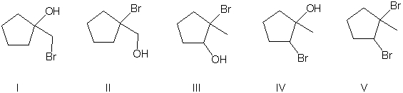 What major product is expected from the following reaction?     A)  I B)  II C)  III D)  IV E)  V