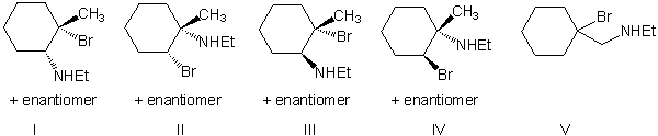 The reaction of Br<sub>2</sub> with 1-methylcyclohexene, in the presence of ethylamine (EtNH<sub>2</sub>) , is expected to produce which of the following as the major product?   A)  I B)  II C)  III D)  IV E)  V