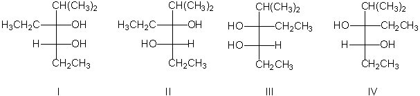 For the following dihydroxylation reaction which of the following statements is correct regarding the expected products?     A)  Equal amounts of I and II produced B)  Equal amounts of III and IV produced C)  Equal amounts of I and IV produced D)  Equal amounts of II and III produced E)  Equal amounts of I and III produced