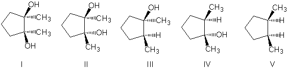 Treatment of 1,2-dimethylcyclopentene with OsO<sub>4</sub>, followed by aqueous NaHSO<sub>3</sub>, produces which of the following?   A)  I B)  II C)  III D)  IV E)  V